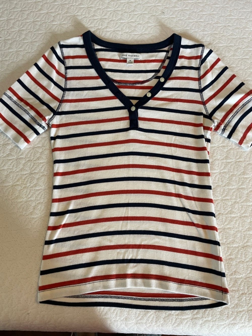 Women's Short Sleeve Striped Henley Tee - White with Navy & Red Stripes
